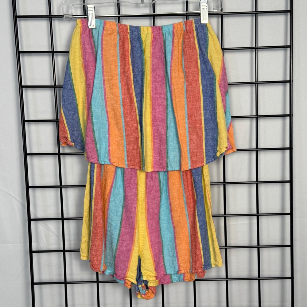 Show Me‎ Your Mumu Romper Womens XS Multicolor Linen Ruffle Strapless Stripe